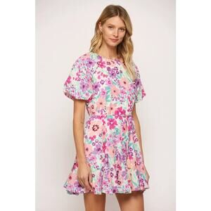 Fate Women Frances Floral Pleated Skirt Dress Sz L Puff Sleeve Colorful Feminine